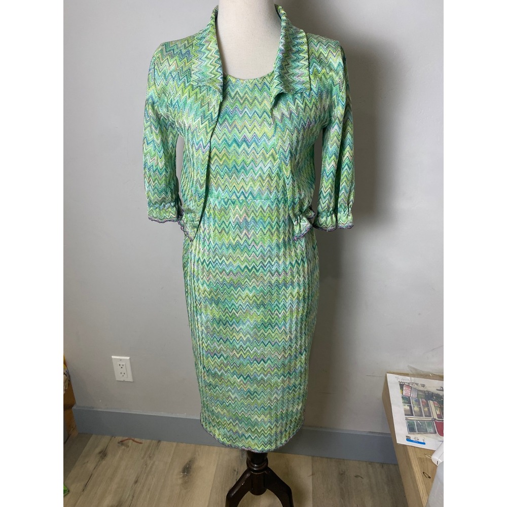 Vintage 70s Handmade Green Chevron Zigzag Knit Dress and Jacket Set Metallic